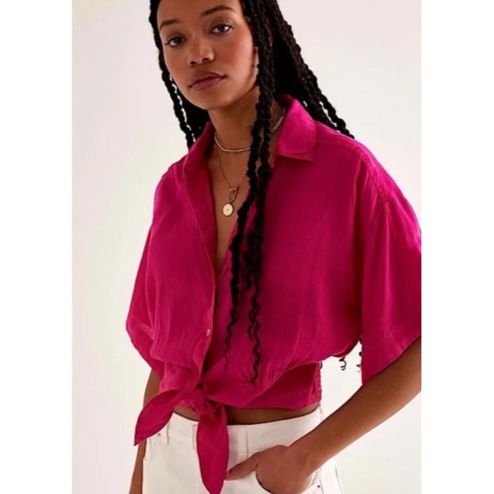 Anthropologie Tie-Front Printed Linen Top Fuchsia Hot Pink Size Small